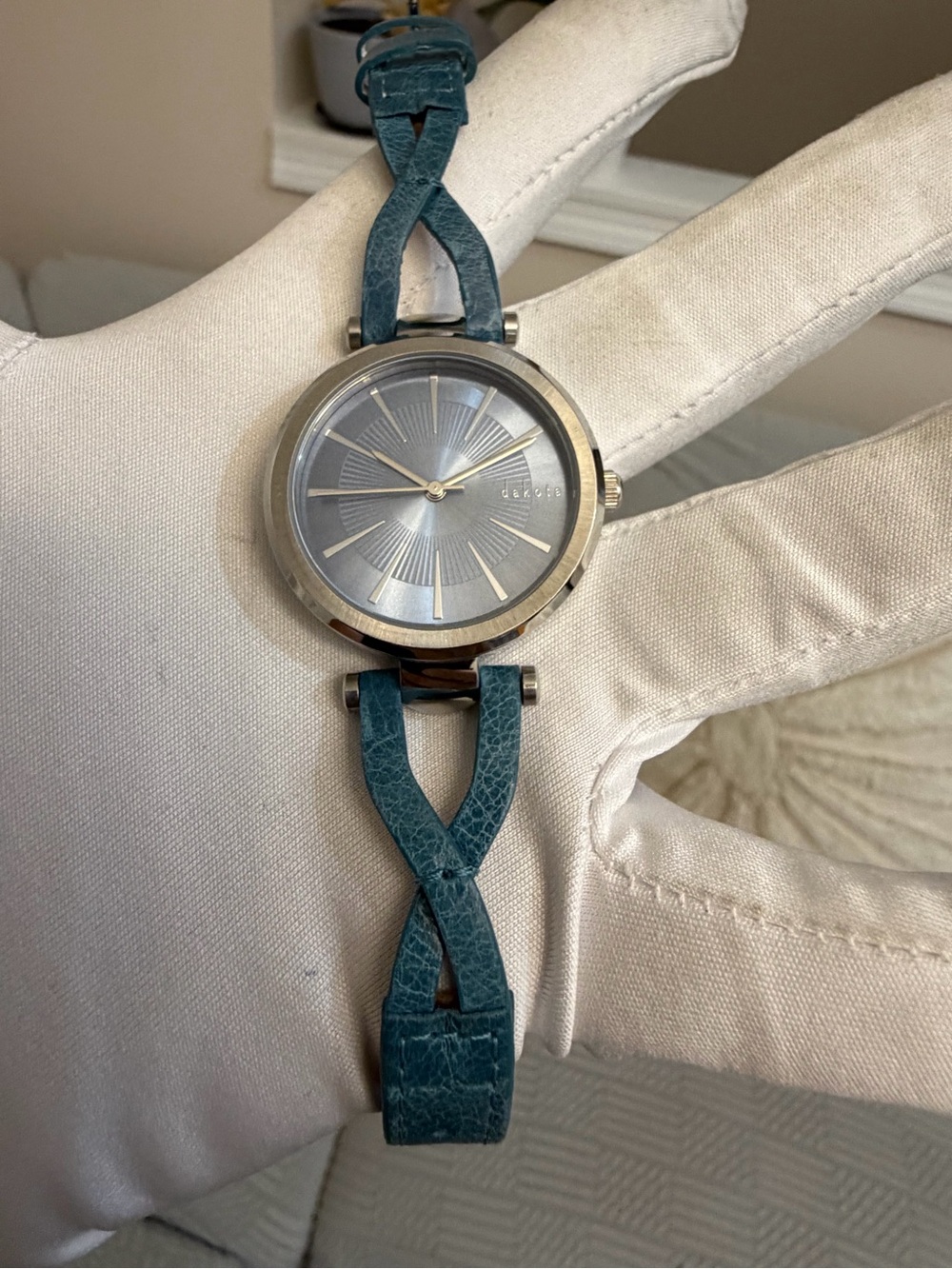 Dakota Womens Watch 35mm Silver Dial Teal Blue Split Leather Band Japan Quartz